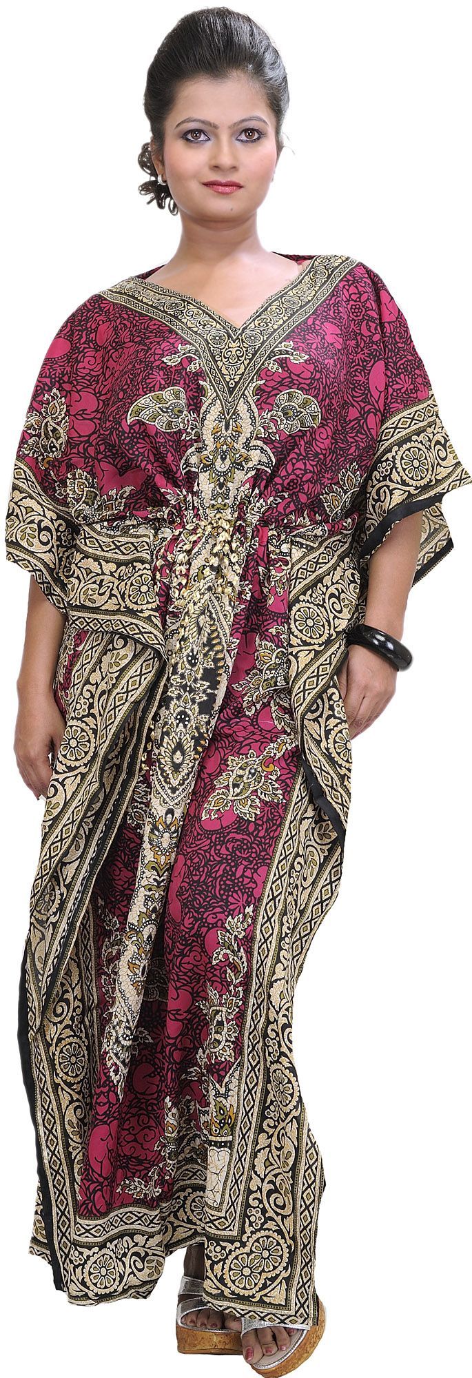 Carmine-Pink Long Printed Kaftan with Dori at Waist