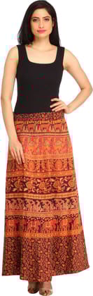 Chocolate-Truffle Sanganeri Wrap-Around Mini-Skirt with Printed Motifs Chocolate-Truffle Sanganeri Wrap-Around Mini-Skirt with Printed Motifs
