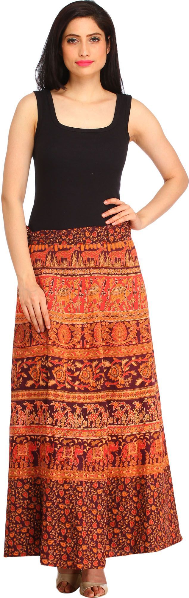 Chocolate-Truffle Sanganeri Wrap-Around Mini-Skirt with Printed Motifs