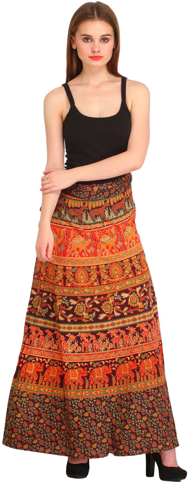 Catawba-Grape Wrap-Around Long Skirt from Pilkhuwa with Printed Animals