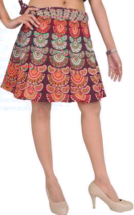 Windsor-Wine Sanganeri Wrap-Around Mini-Skirt with Printed Motifs