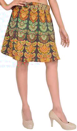 Kombu-Green Sanganeri Wrap-Around Mini-Skirt with Printed Motifs