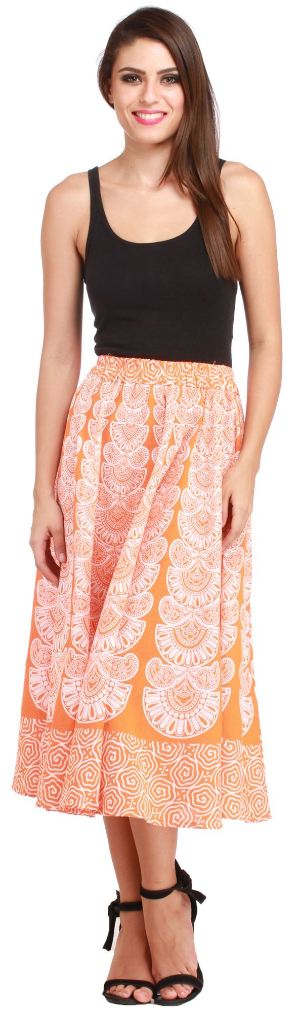 Vibrant-Orange Midi-Skirt from Pilkhuwa with Block Printed Motifs