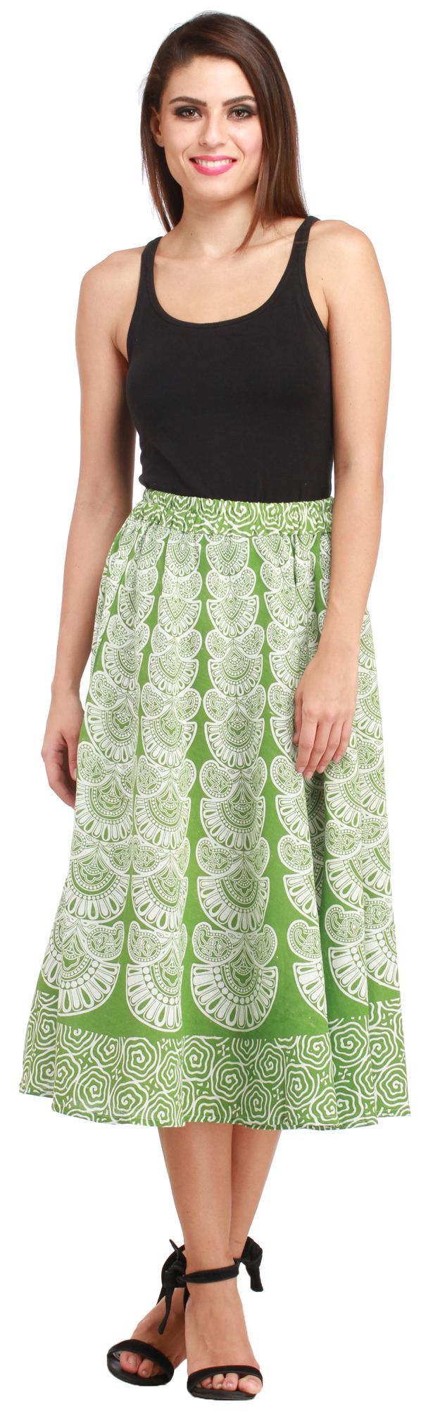 Flourite-Green Midi-Skirt from Pilkhuwa with Block Printed Motifs