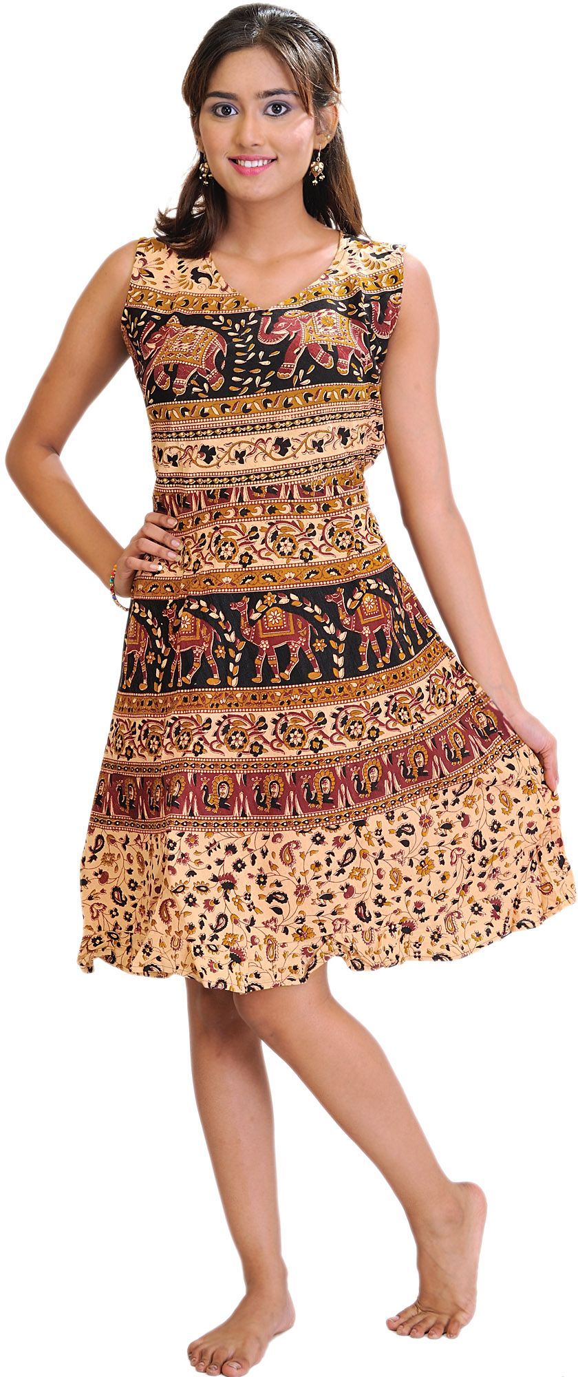 Peach And Red Sanganeri Summer Dress with Printed Camels and Elephants