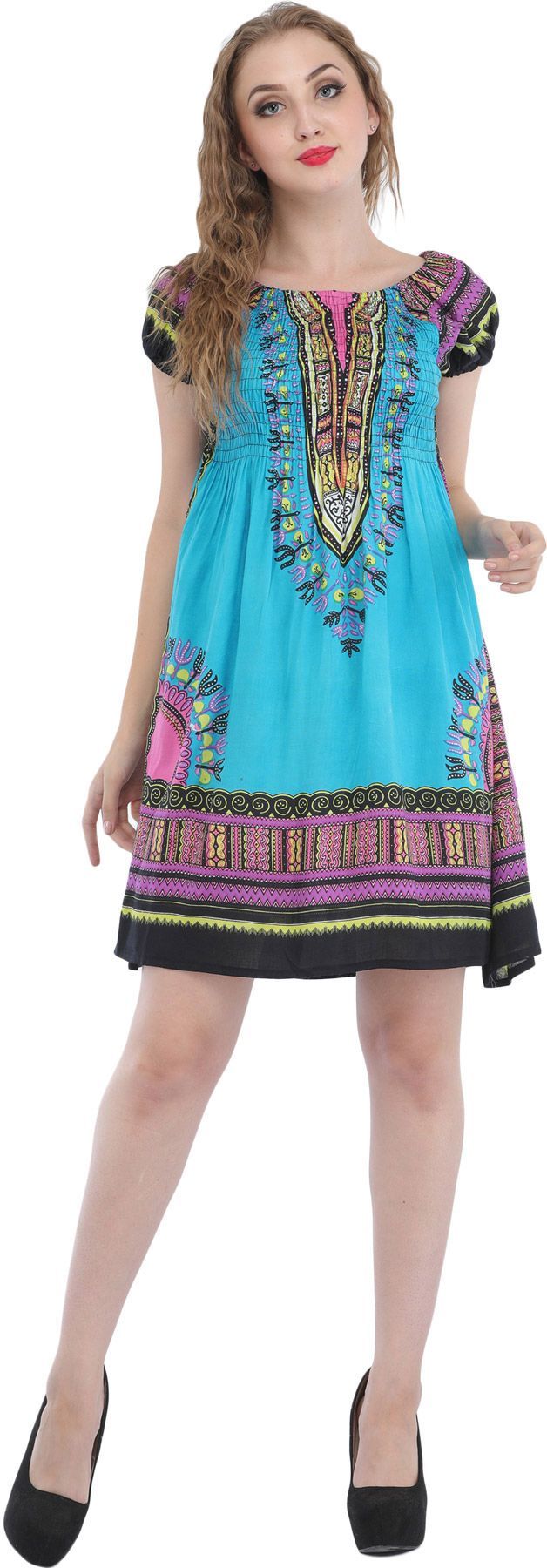 Cyan-Blue Printed Barbie Midi-Dress