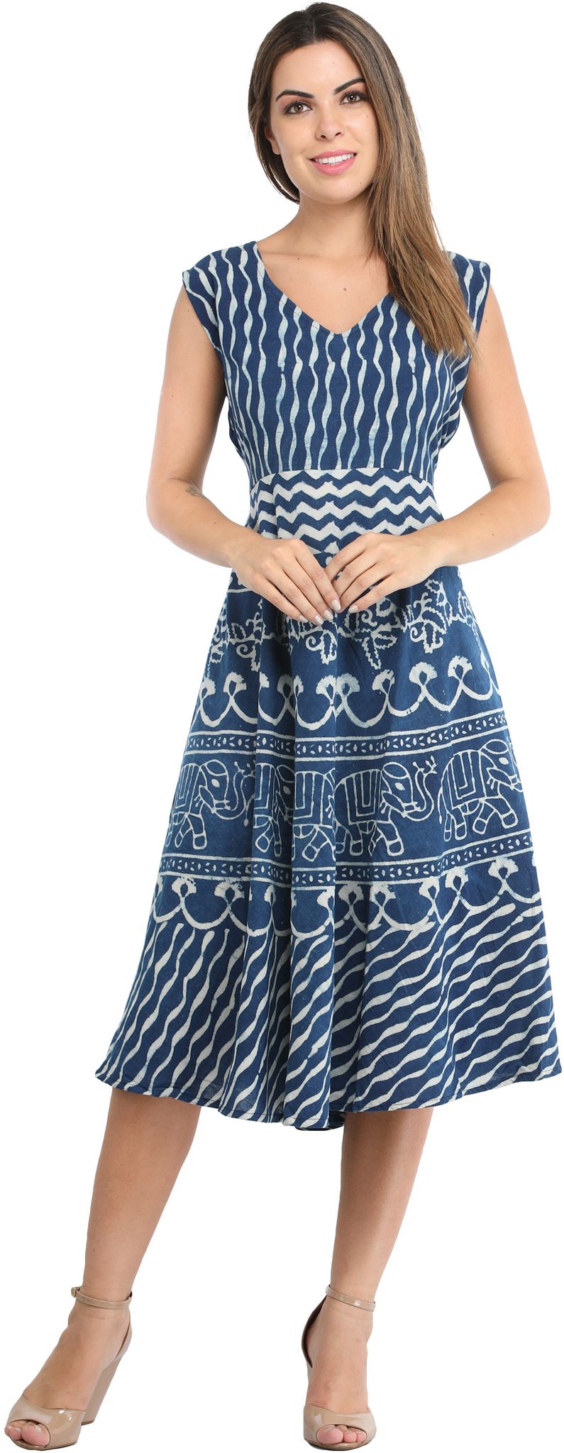 Twilight-Blue Summer Dress with Block-Printed Elephants and Dori on Back