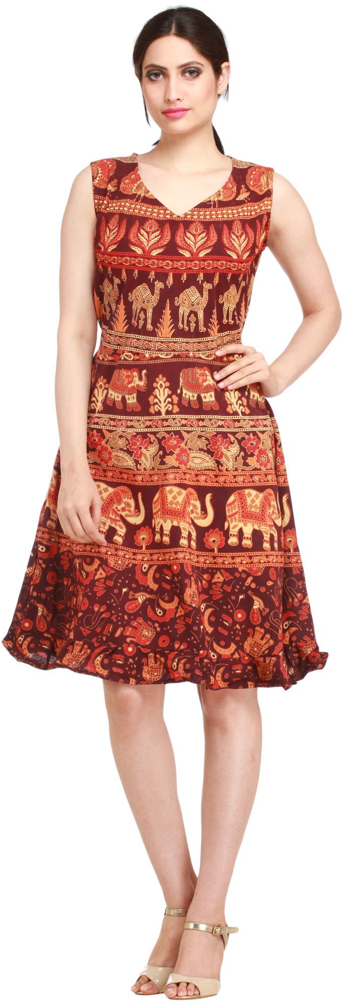 Bitter-Chocolate Summer Dress from Pilkhuwa with Printed Elephants and Camels