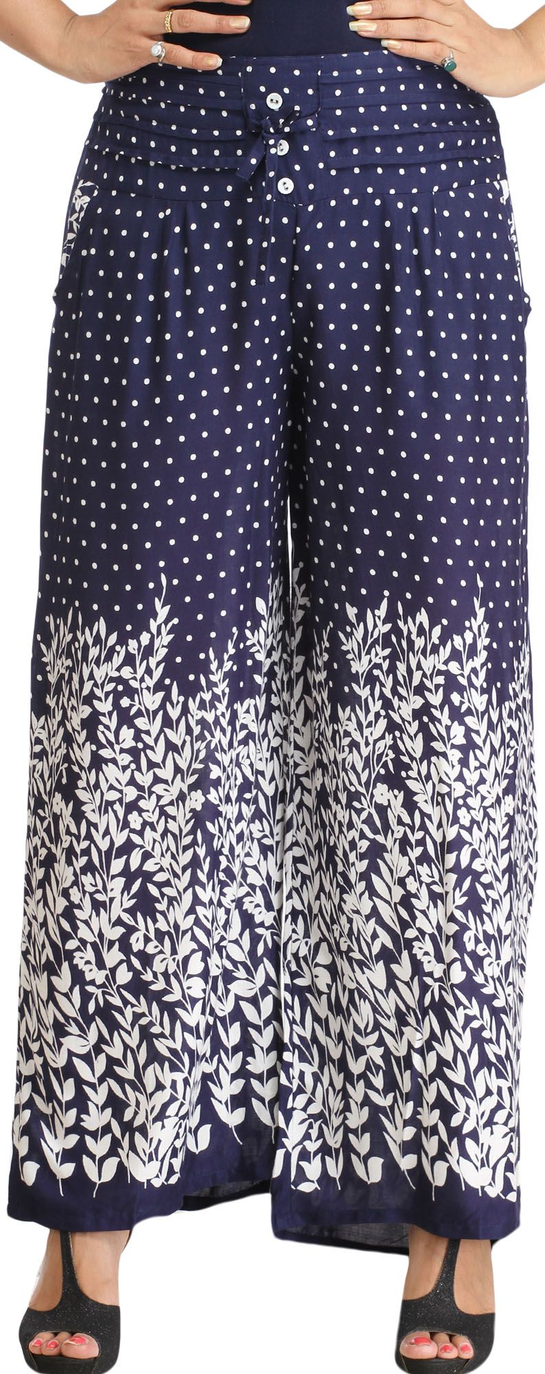 Medieval-Blue Printed Casual Palazzo Pants with Side Pockets