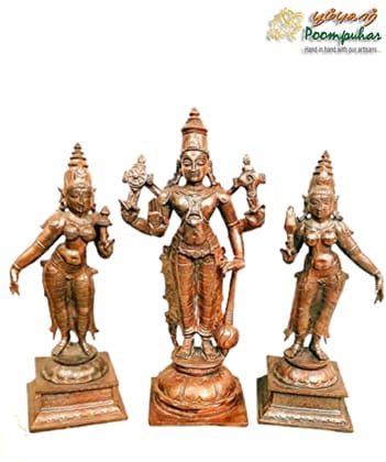 Copper Srinivasa Perumal with Sridevi and bhudevi 6 inches Copper Srinivasa Perumal with Sridevi and bhudevi 6 inches