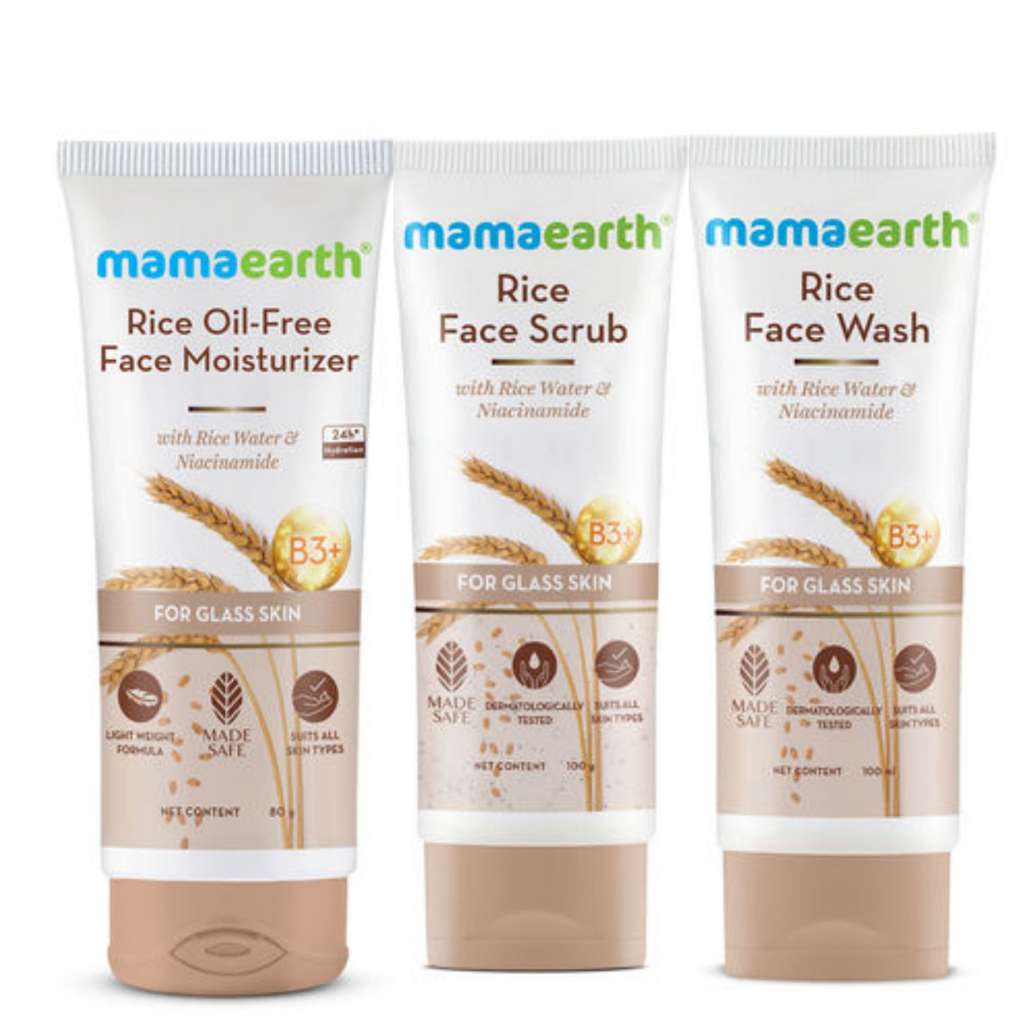 Mamaearth Rice Facewash(100 ml) + Moisturzer(80 gm) + Scrub (100 gm) Pack of 3
