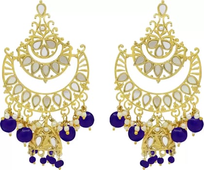 Gold-Plated Enamel Meenakari Floral Kundan Blue Pearl Jhumka Jhumki Earrings