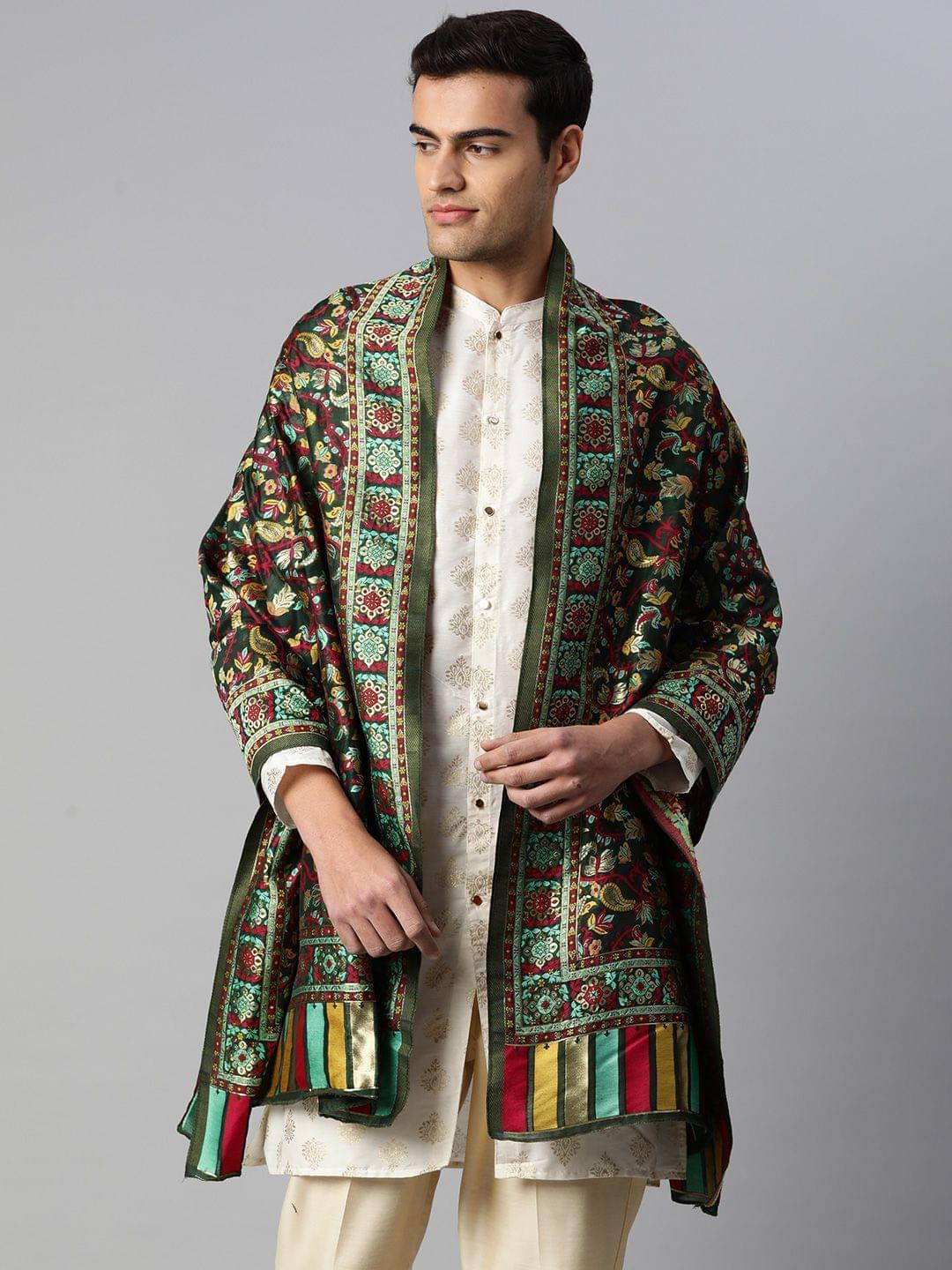 Men Green and Gold Toned Pure Cotton Dupatta With Embrodried Woven Design