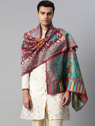 Men Meganta and Gold Toned Pure Cotton Dupatta With Embrodried Woven Design