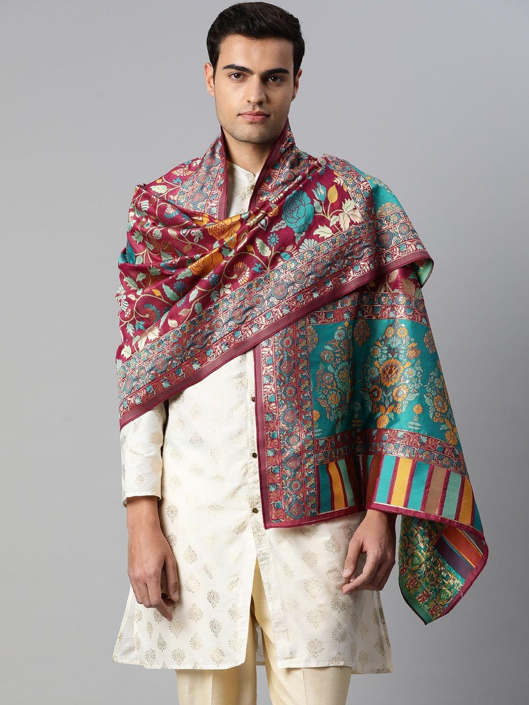 Men Meganta and Gold Toned Pure Cotton Dupatta With Embrodried Woven Design