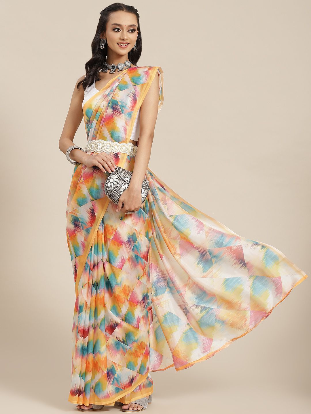 Women's Digital Printed Colorblock Saree With Unstitched Blouse Piece