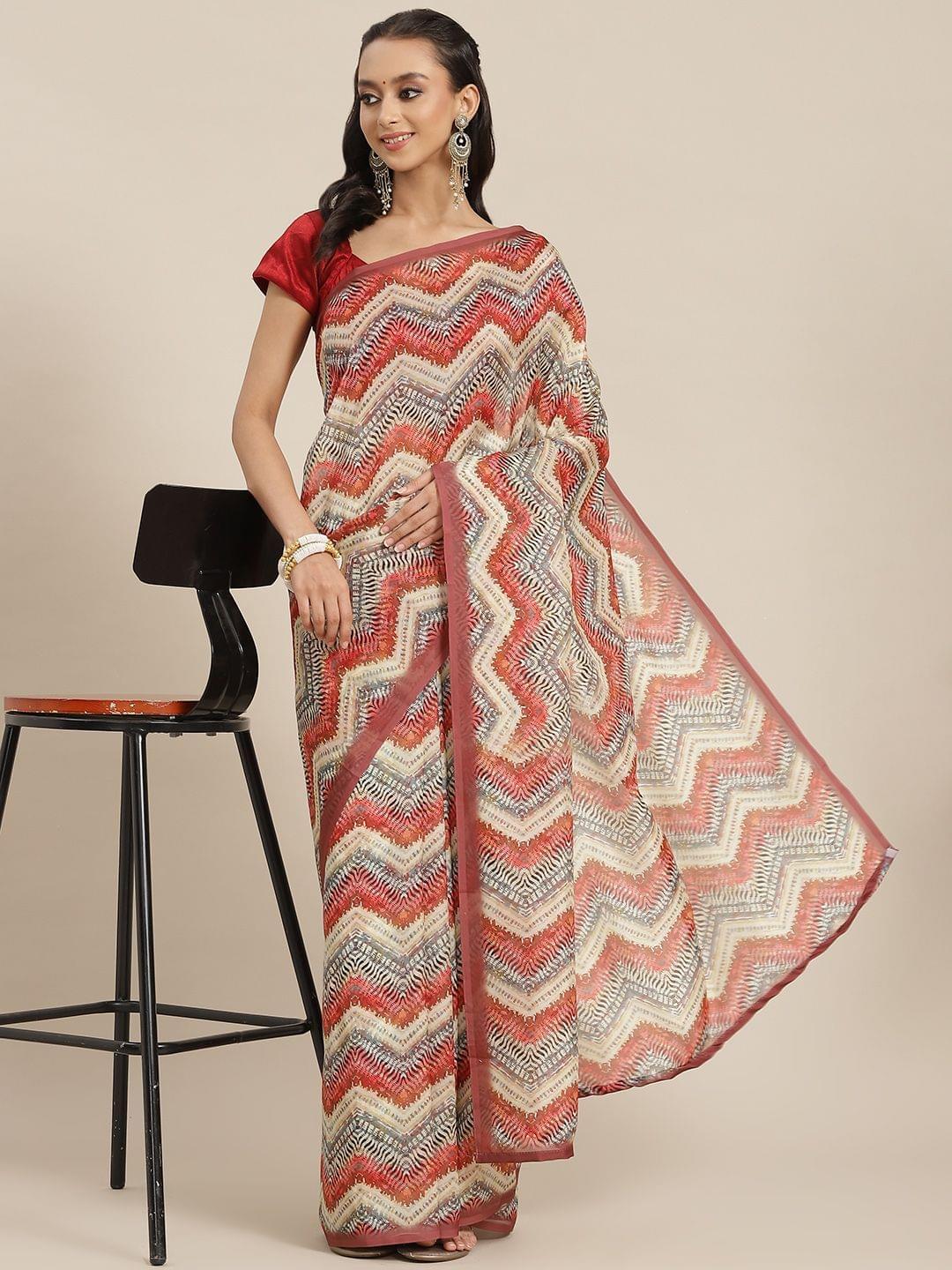 Women's Digital Printed Colorblock Saree With Unstitched Blouse Piece