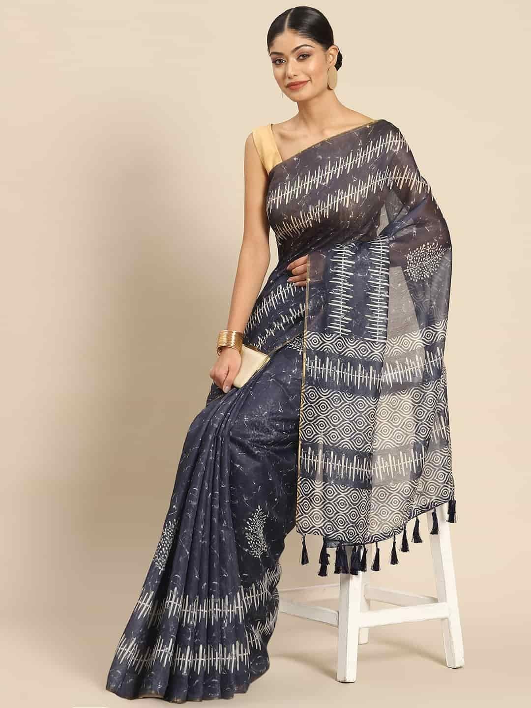 Women's Pure Cotton block print saree with unstiched blouse piece
