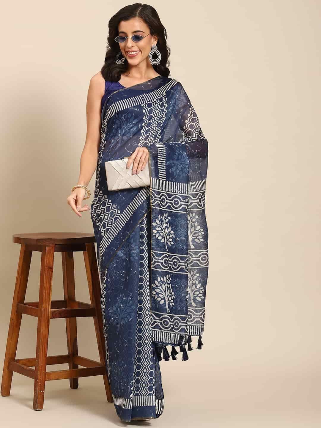 Women's Pure Cotton block print saree with unstiched blouse piece
