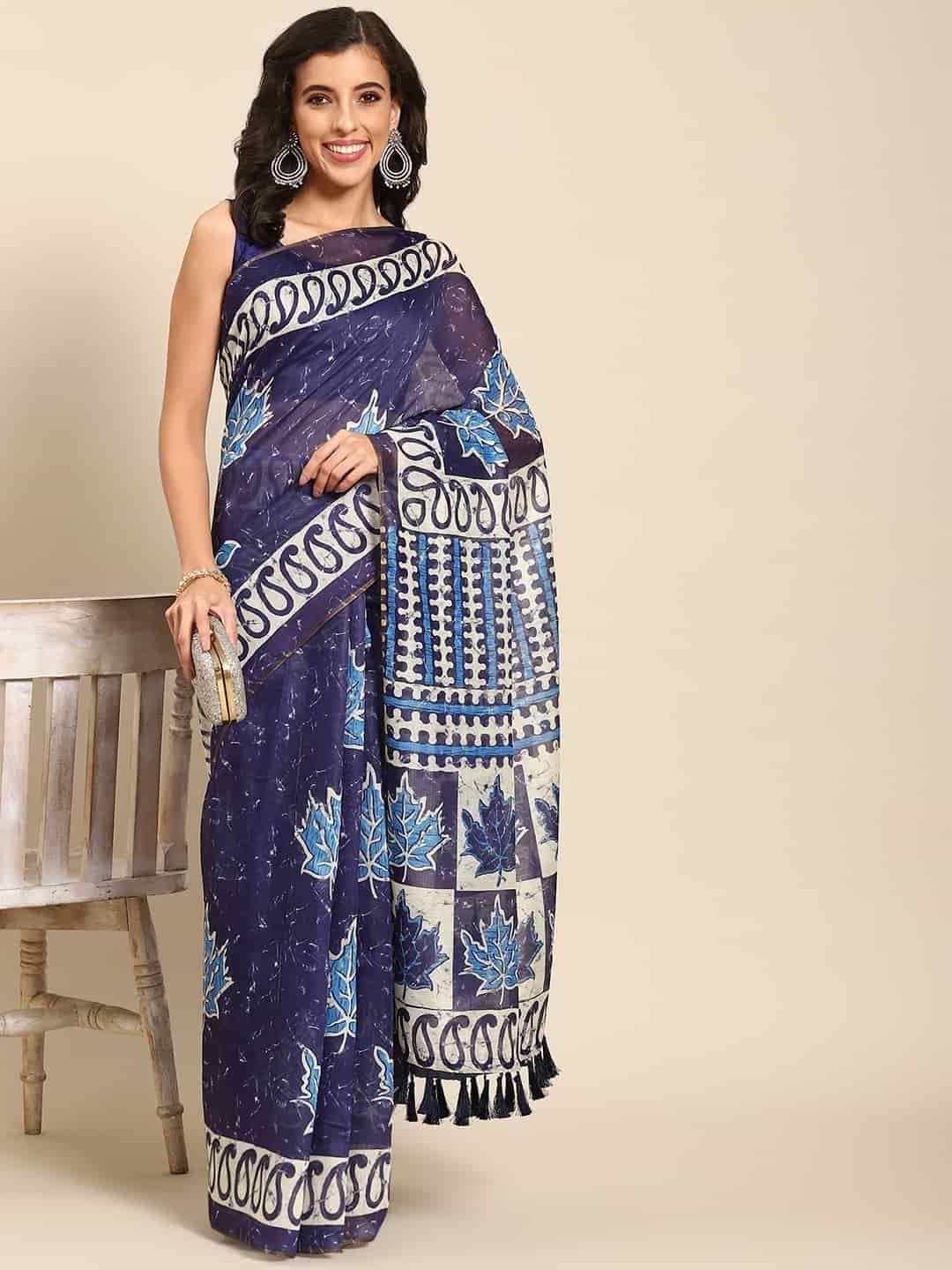 Women's Pure Cotton block print saree with unstiched blouse piece
