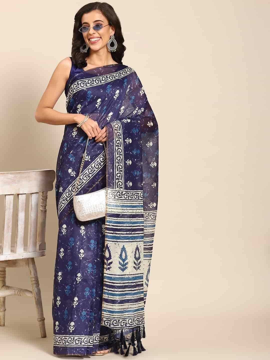Women's Pure Cotton block print saree with unstiched blouse piece