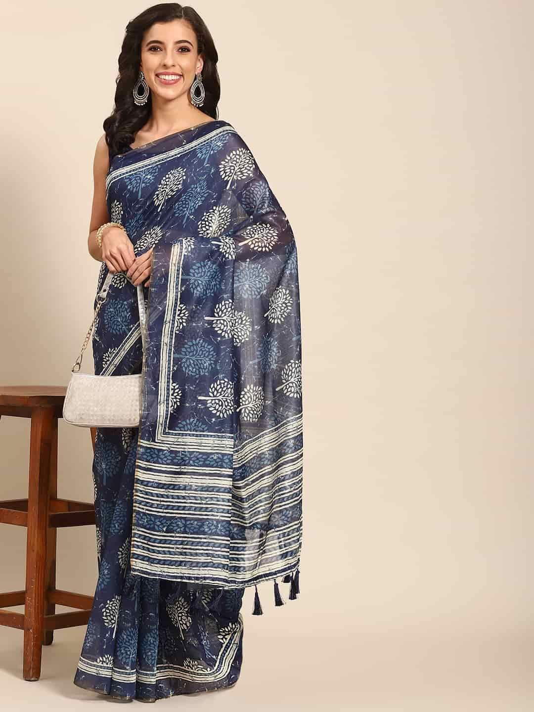 Women's Pure Cotton block print saree with unstiched blouse piece