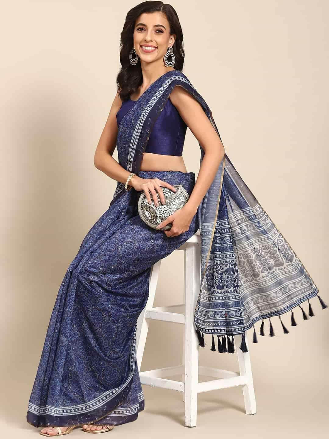 Women's Pure Cotton block print saree with unstiched blouse piece
