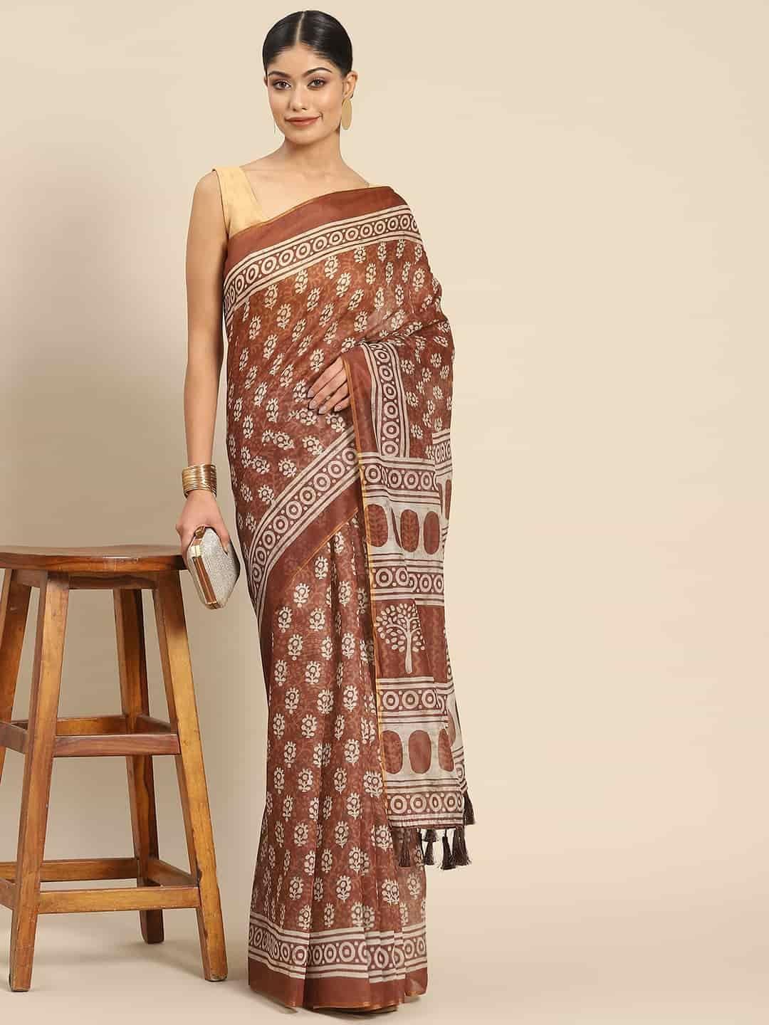 Women's Pure Cotton block print saree with unstiched blouse piece