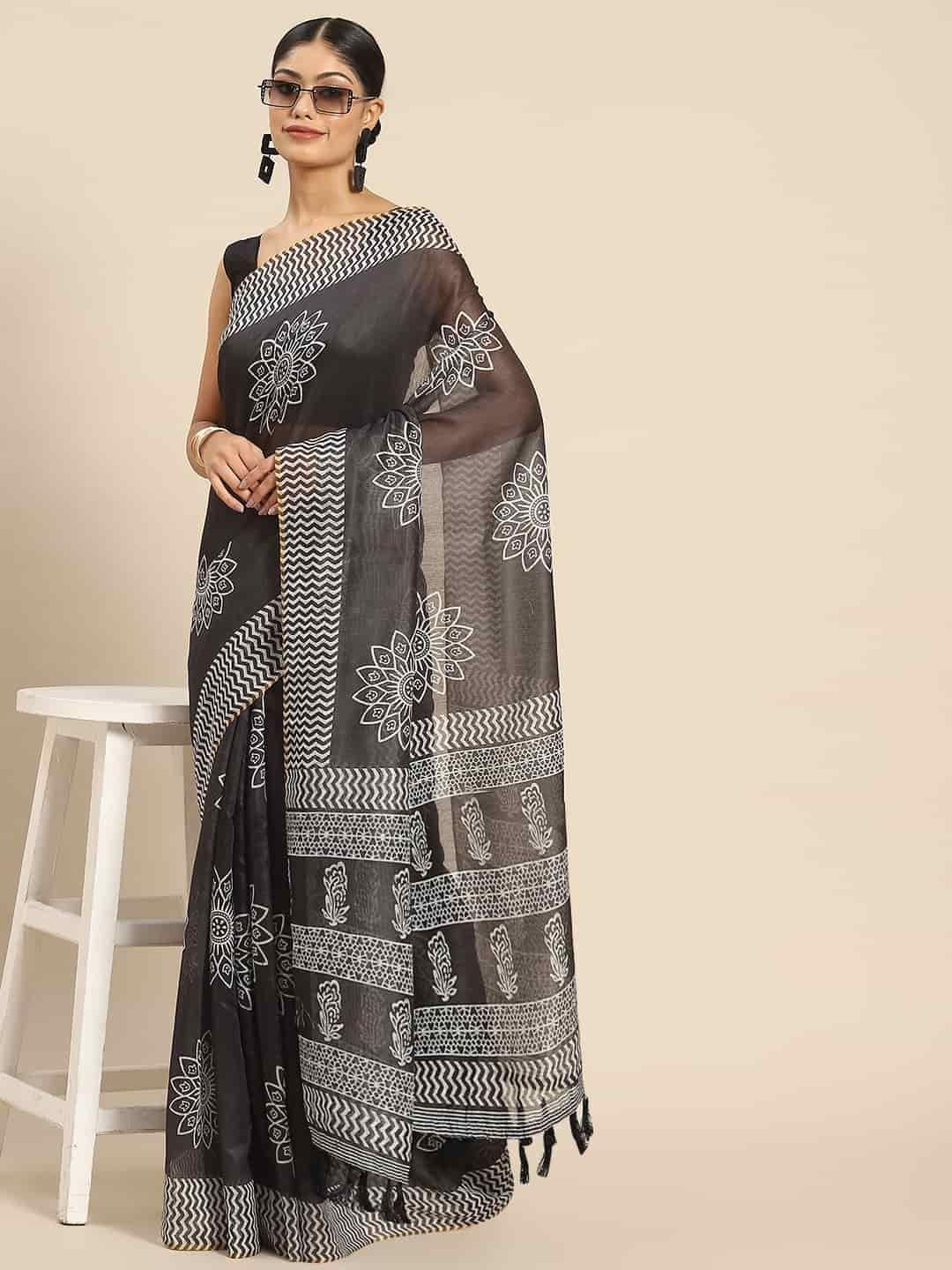 Women's Pure Cotton block print saree with unstiched blouse piece