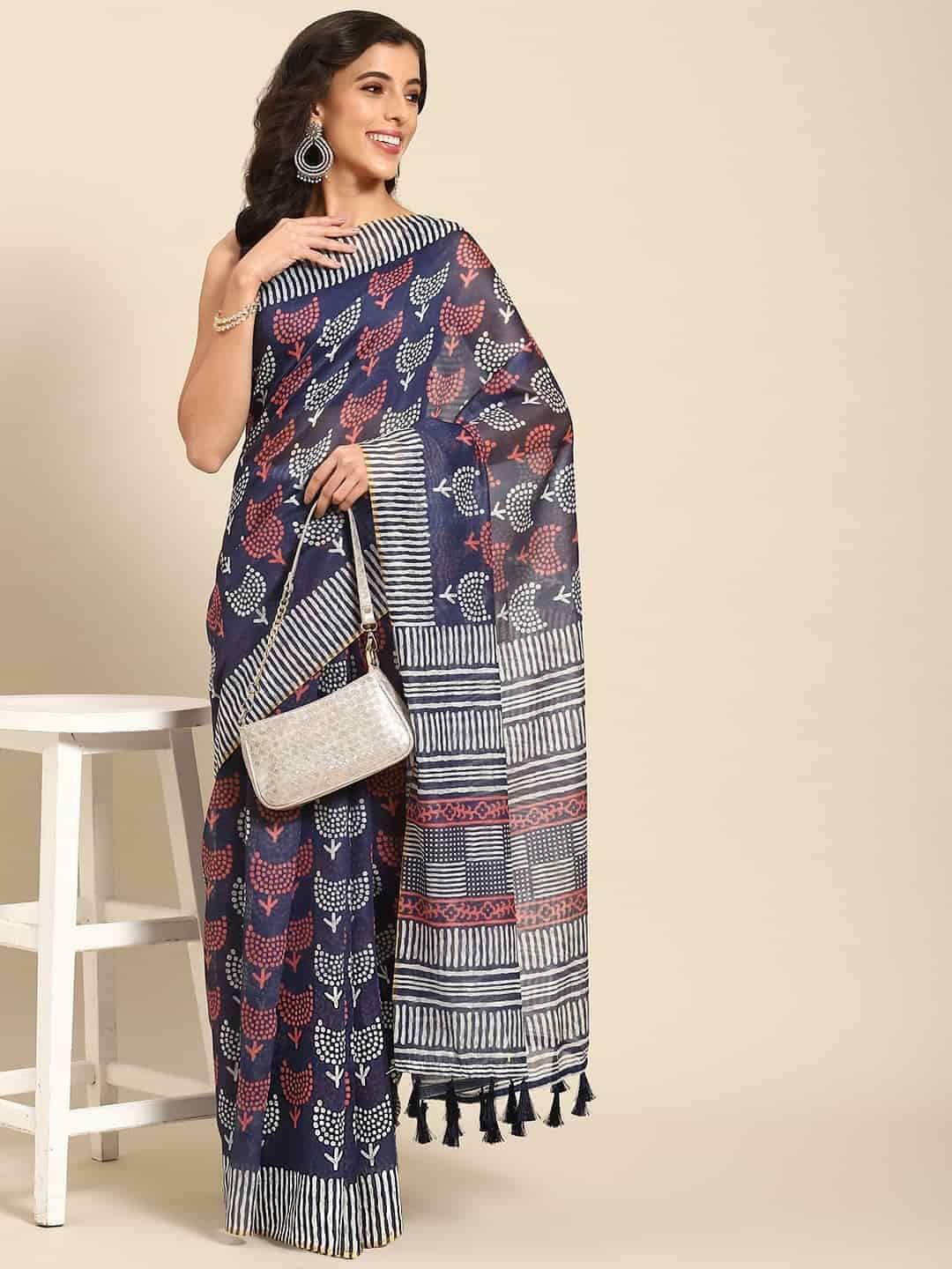 Women's Pure Cotton block print saree with unstiched blouse piece