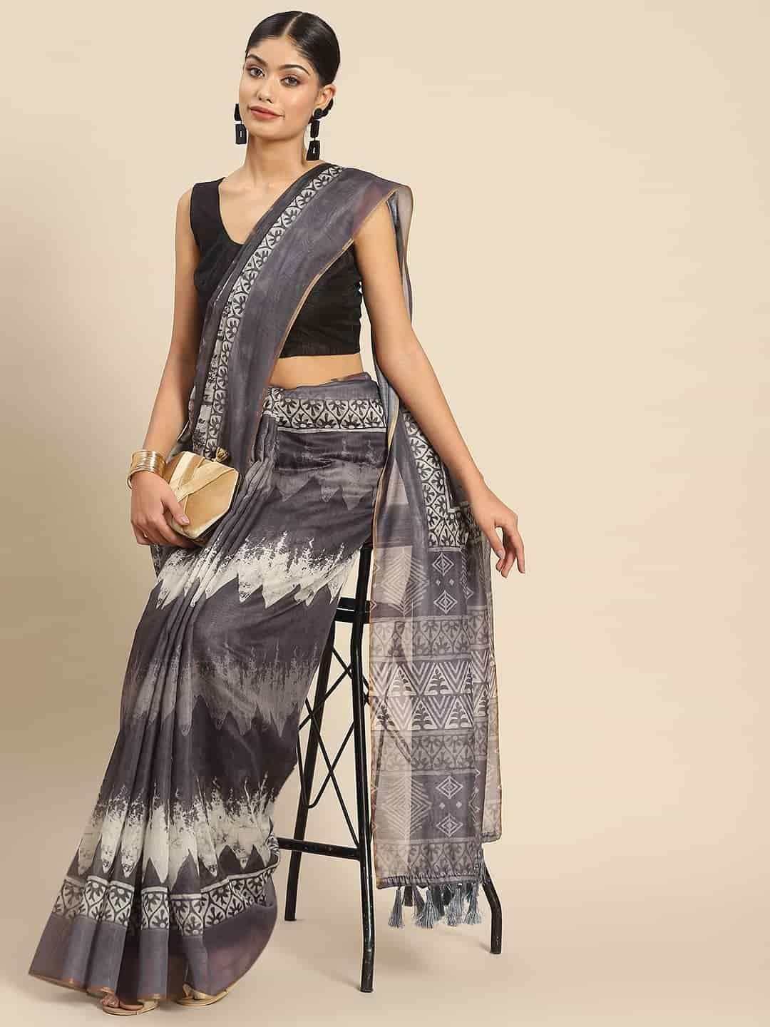 Women's Pure Cotton block print saree with unstiched blouse piece