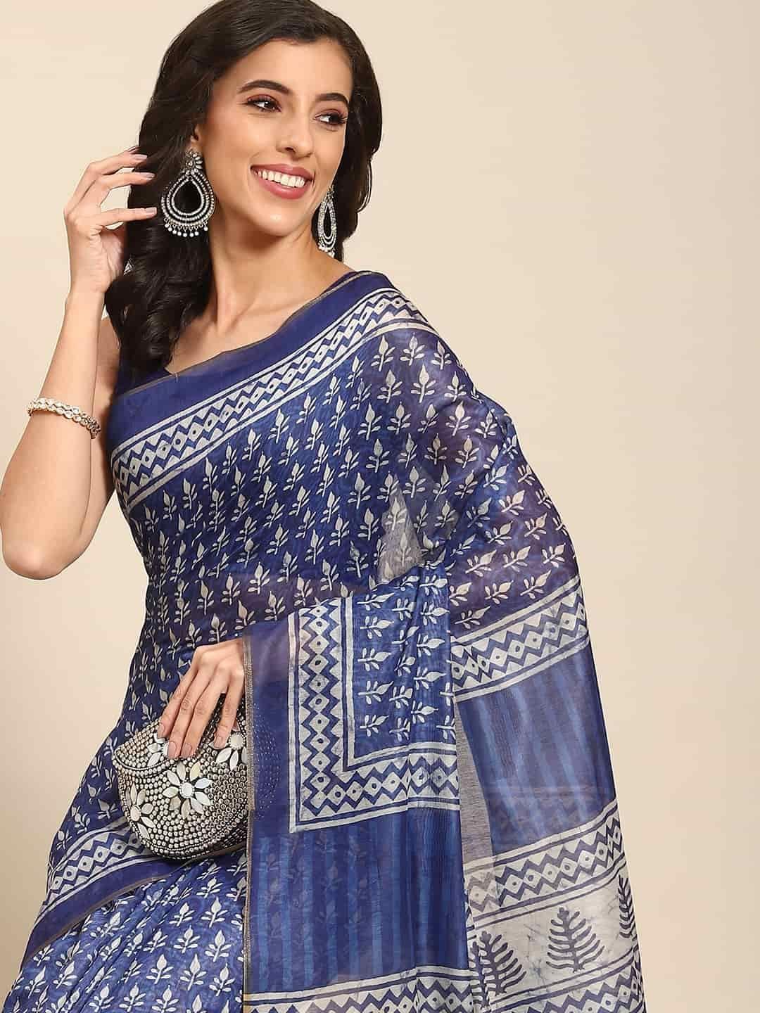 Women's Pure Cotton block print saree with unstiched blouse piece