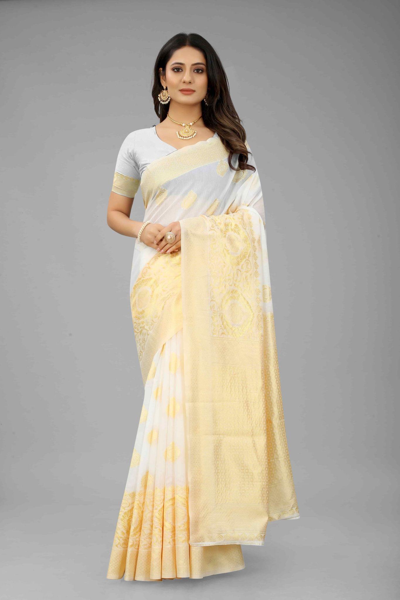 Women's Pearl White Kanjiwaram Art Silk Saree With Unstiched Blouse Piece