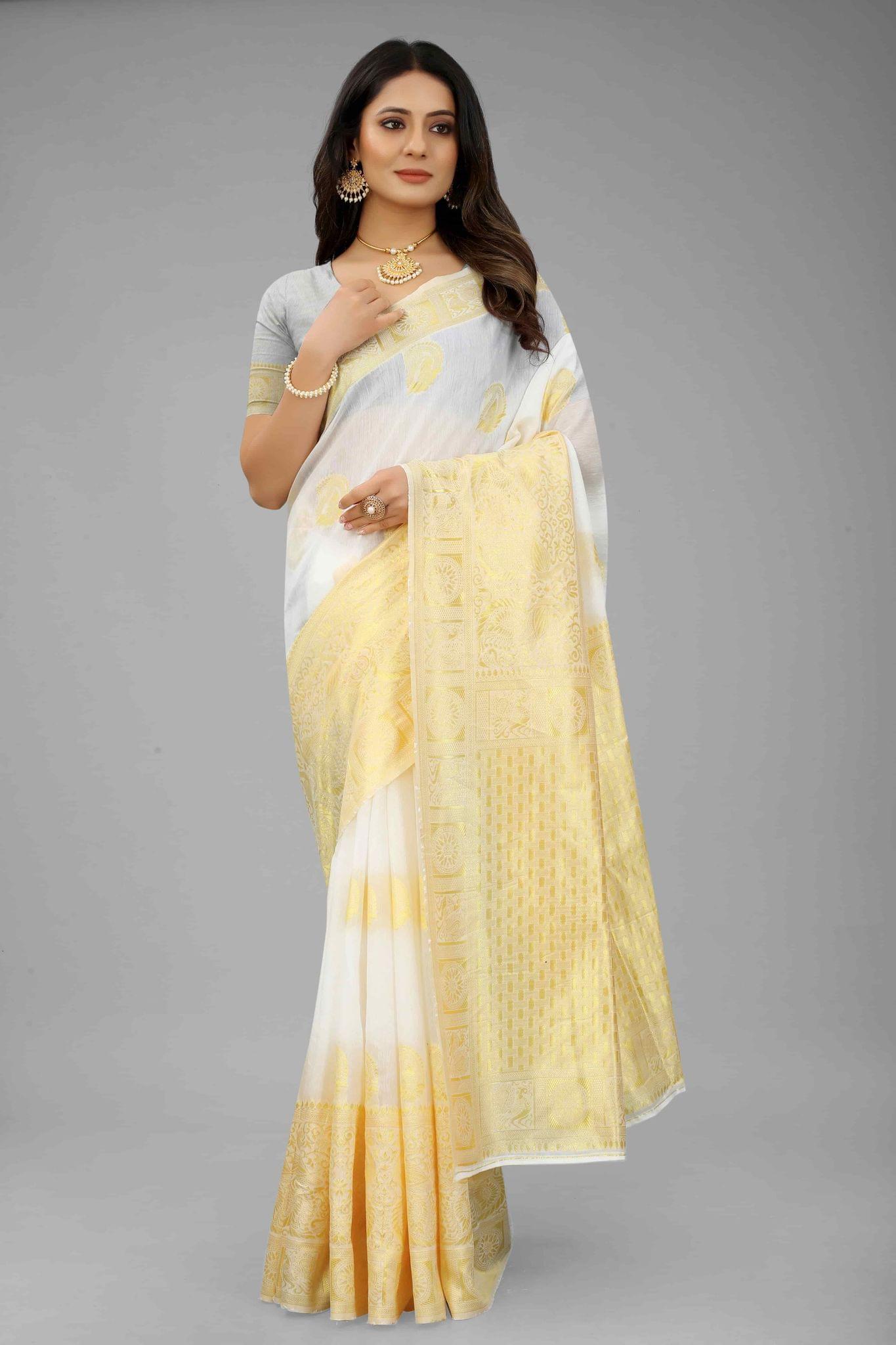 Women's Pearl White Kanjiwaram Art Silk Saree With Unstiched Blouse Piece