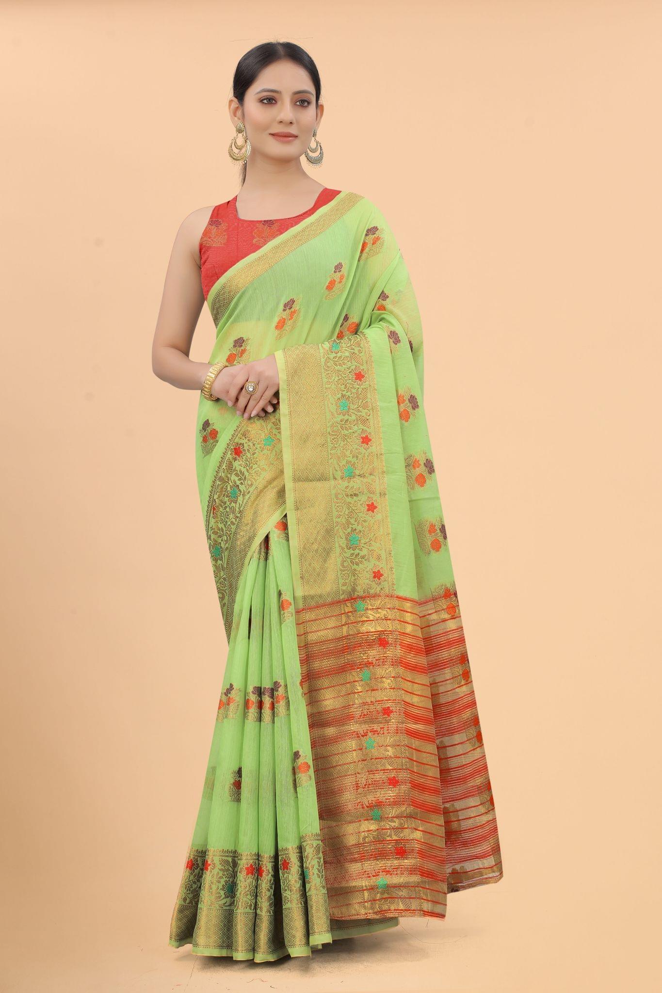 Women's Pure Cotton Woven Saree With Unstiched Blouse Piece