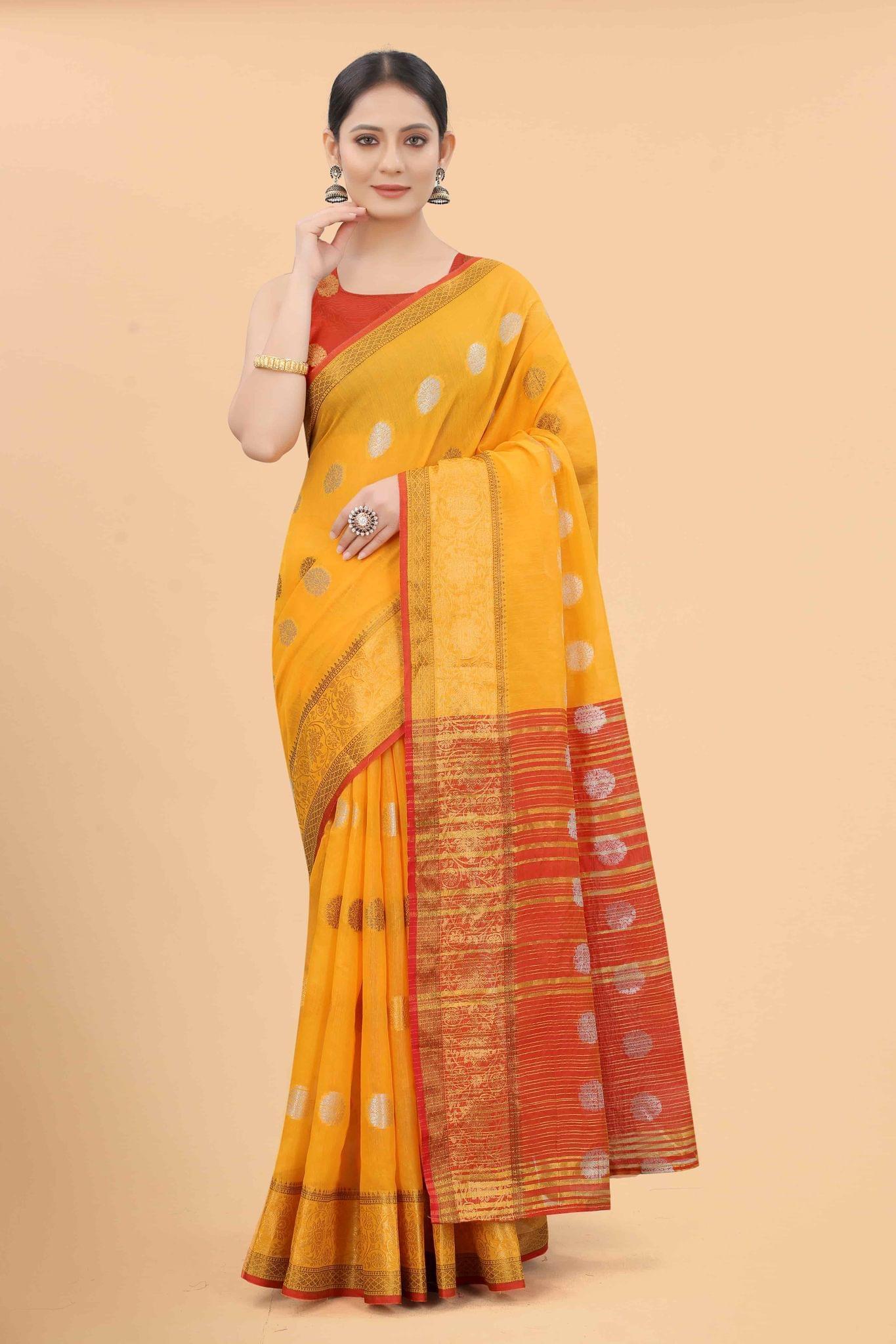 Women's Pure Cotton Woven Saree With Unstiched Blouse Piece