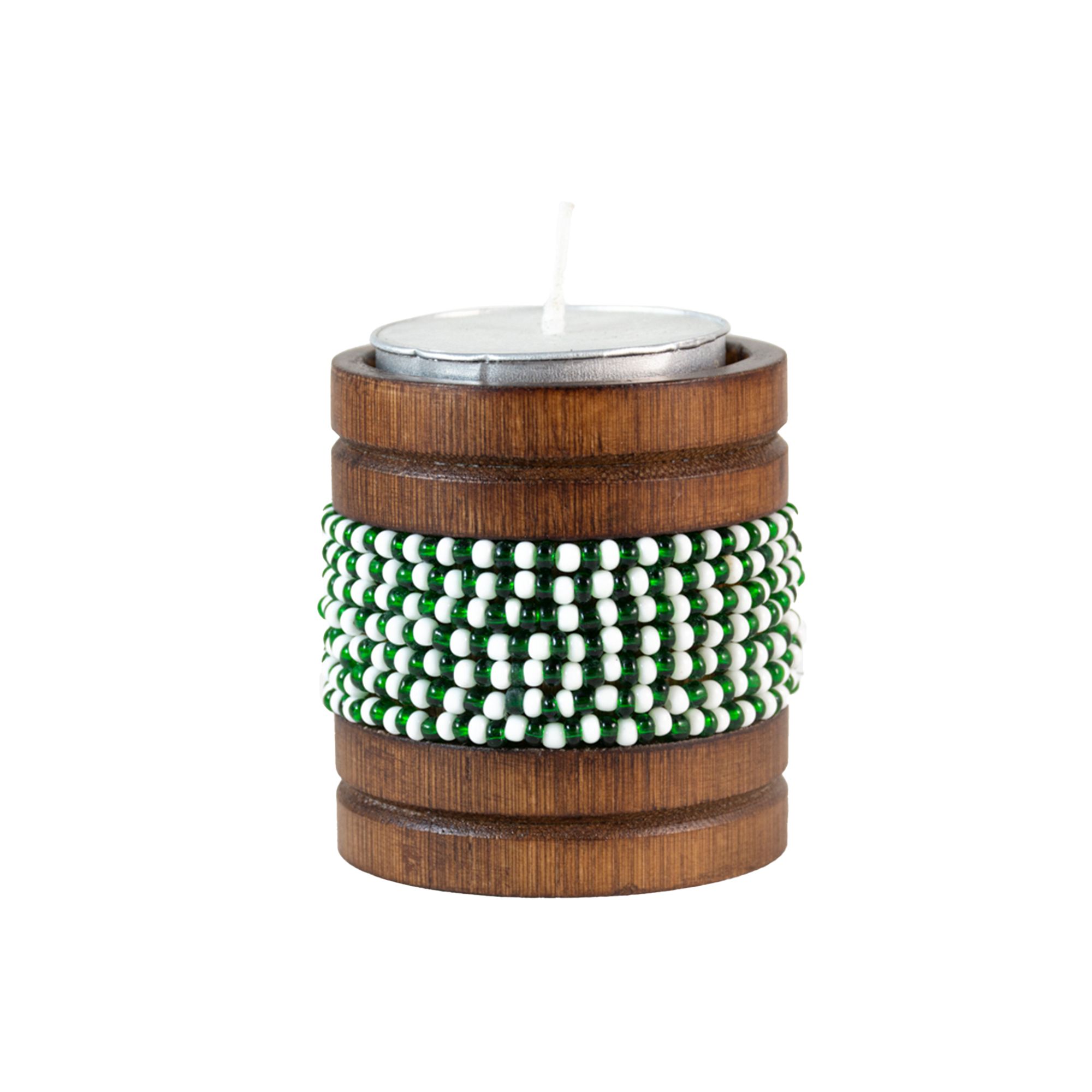 Handmade Natural Bamboo Tealight Candle Holder With White and Green Beads Work
