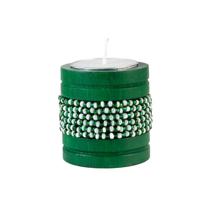 Handmade Natural Bamboo Tealight Candle Holder Purple With Bead Work Green & Green Color