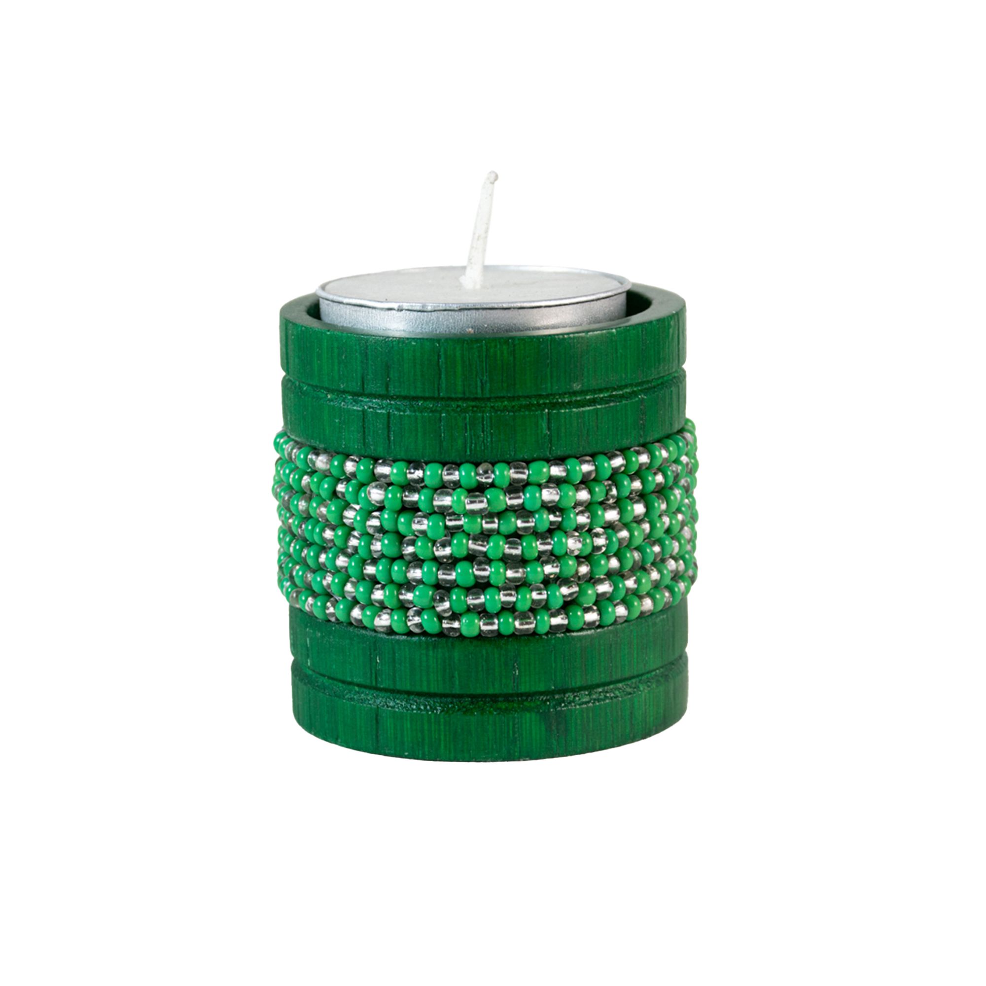 Handmade Natural Bamboo Tealight Candle Holder Green With Bead Work Green & Silver Color