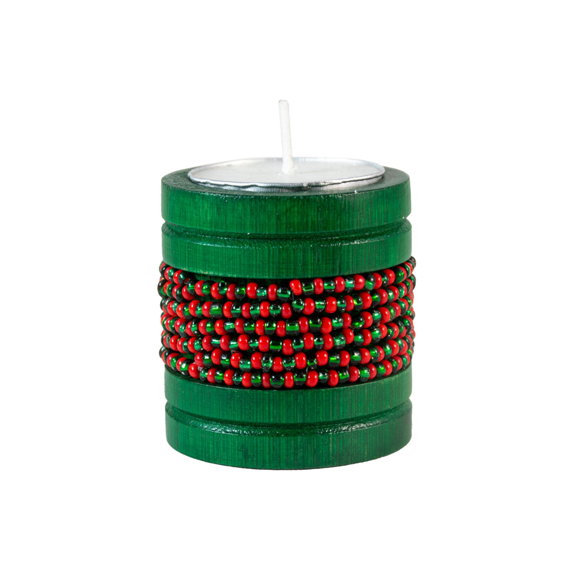 Handmade Natural Bamboo Tealight Candle Holder Green With Bead Work Green & Red Color