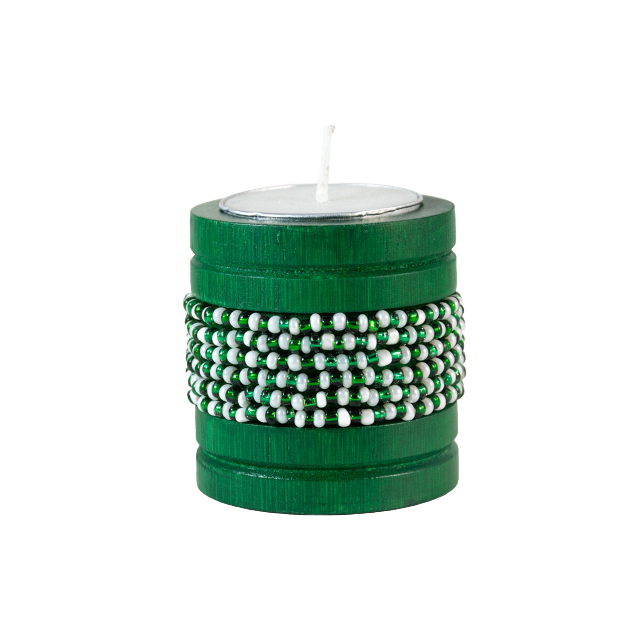 Handmade Natural Bamboo Tealight Candle Holder Green With Bead Work Green & White Color