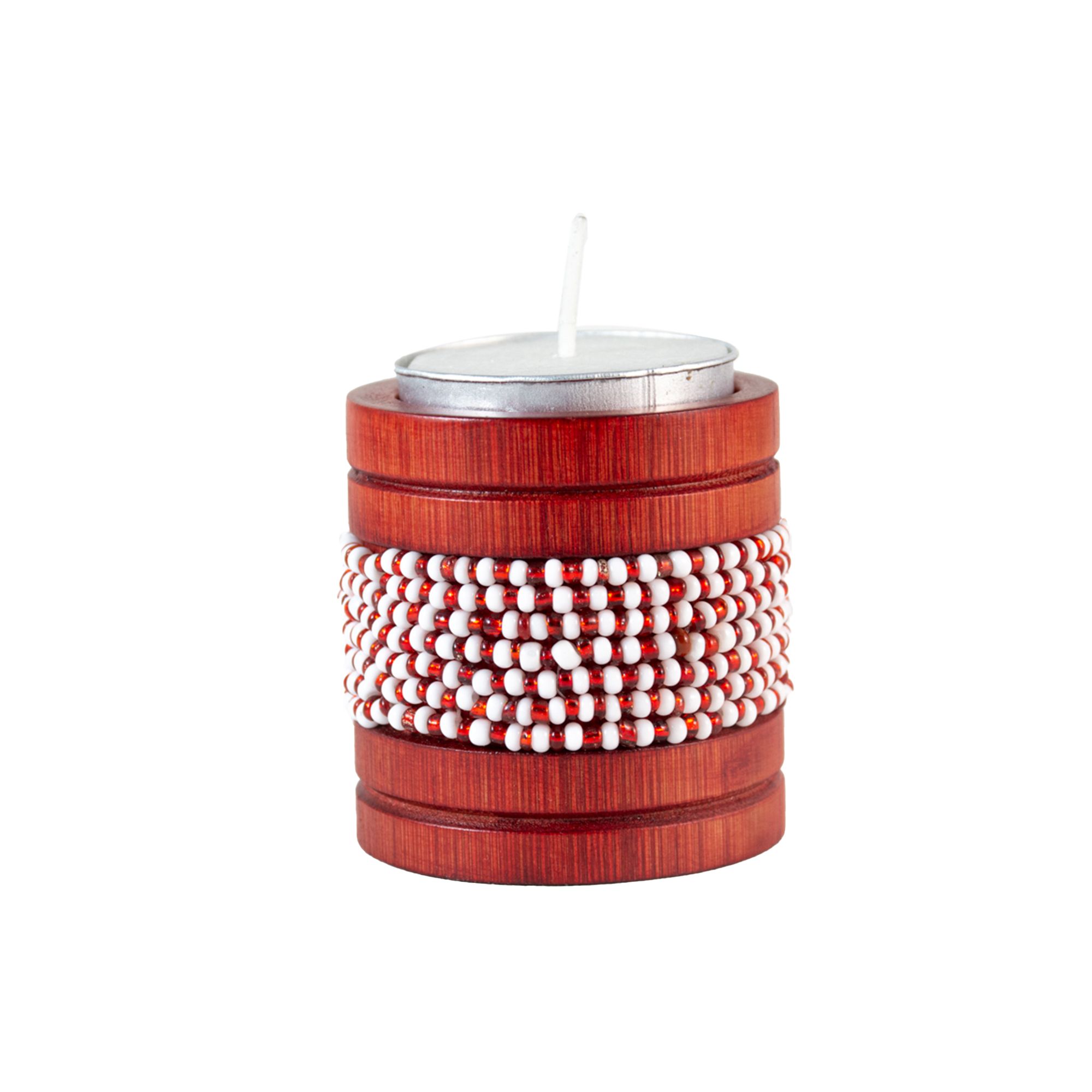 Handmade Natural Bamboo Tealight Candle Holder Red With Bead Work White & Red Color