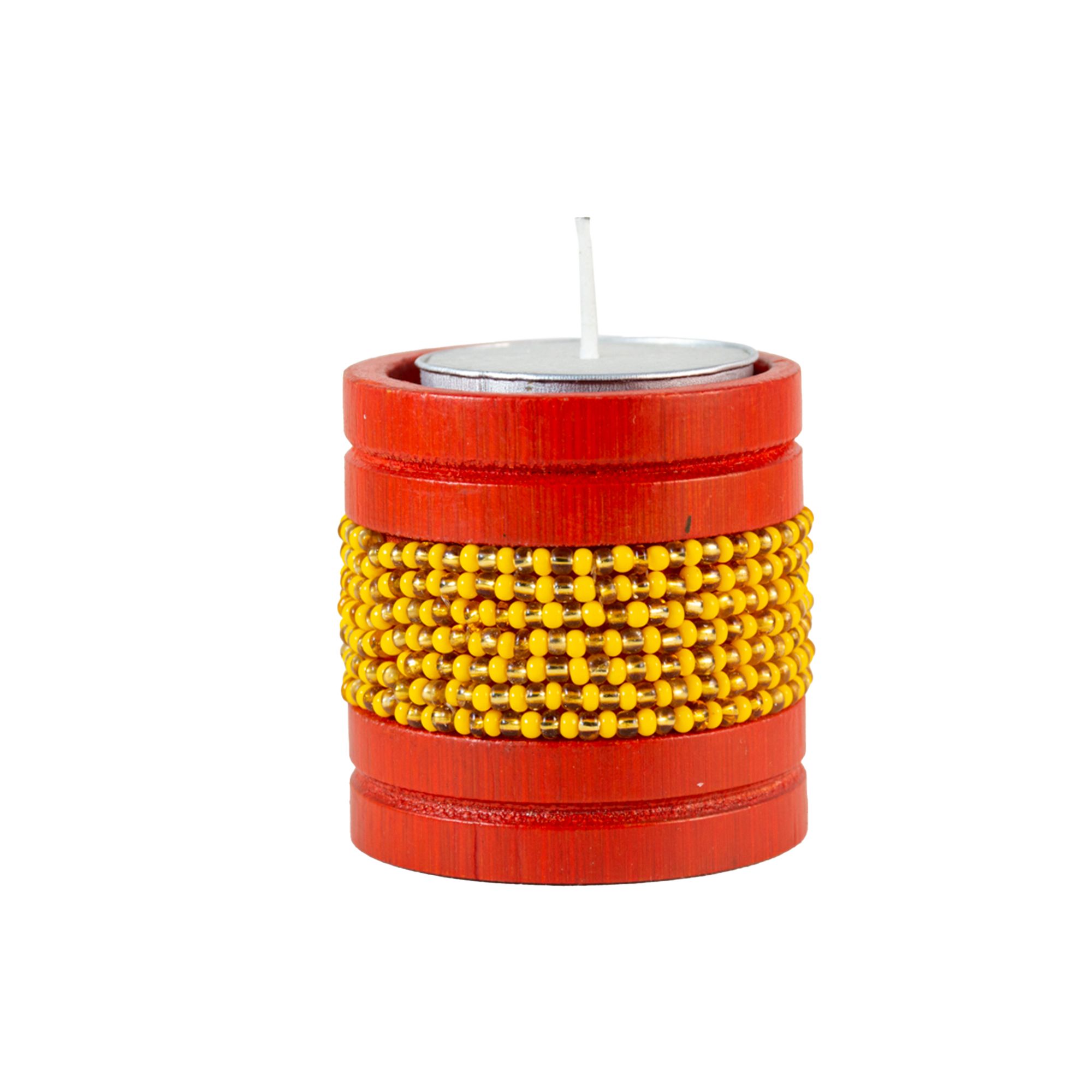 Handmade Natural Bamboo Tealight Candle Holder Orange With Bead Work Yellow & Gold Color