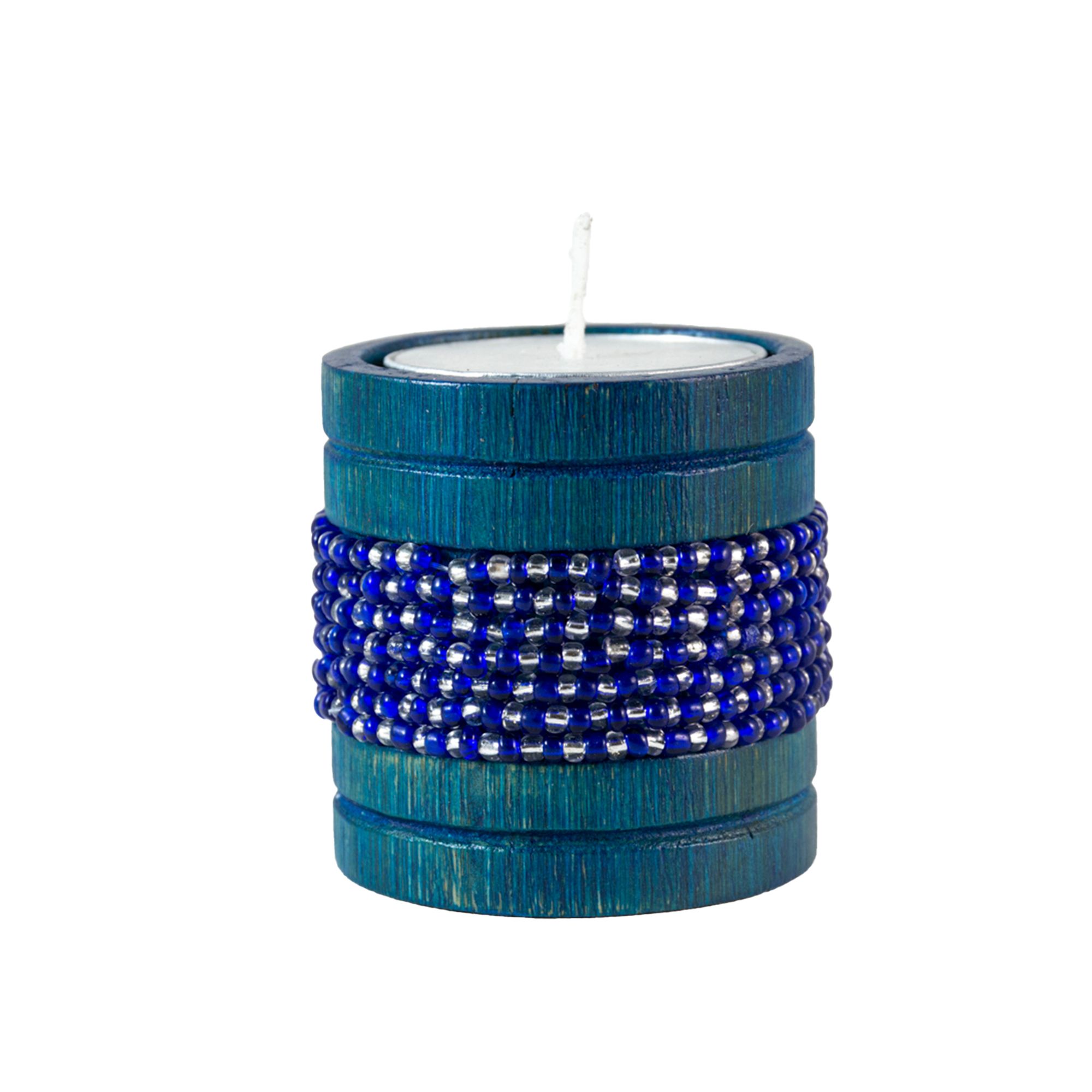 Handmade Natural Bamboo Tealight Candle Holder Blue With Bead Work Blue & Silvar Color