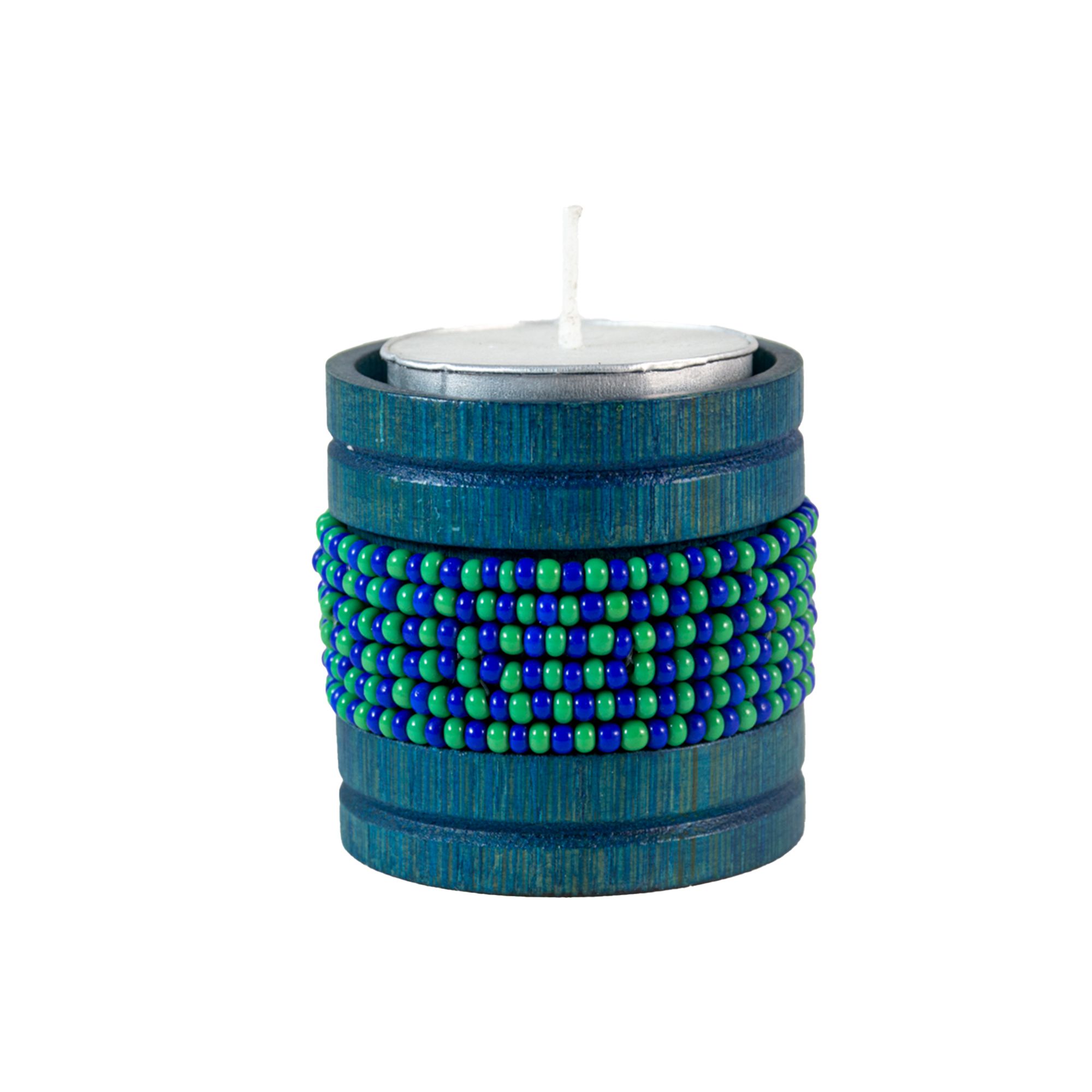Handmade Natural Bamboo Tealight Candle Holder Blue With Bead Work Blue & Green Color