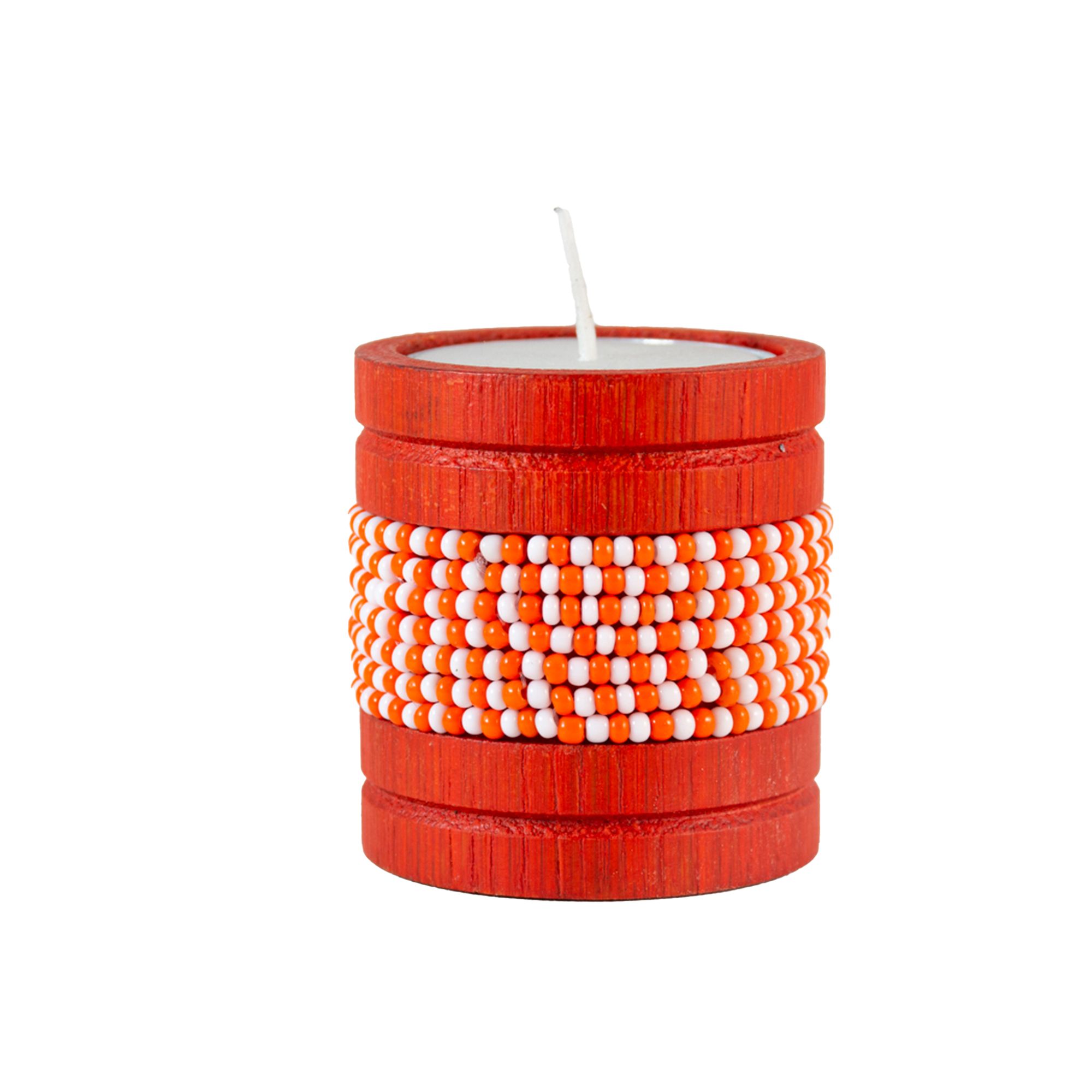 Handmade Natural Bamboo Tealight Candle Holder Orange With Bead Work Orange & White Color