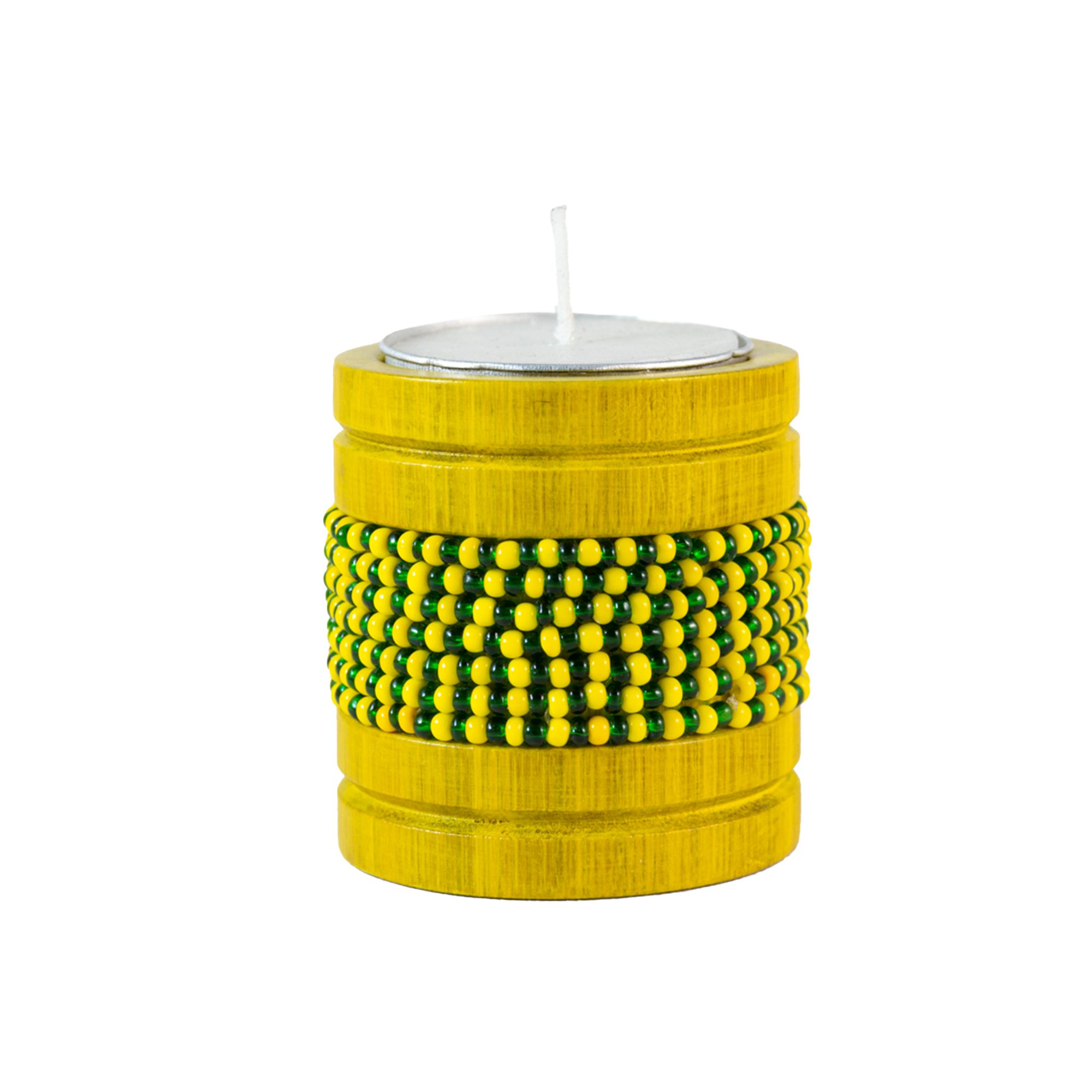 Handmade Natural Bamboo Tealight Candle Holder Yellow With Bead Work Yellow & Green Color
