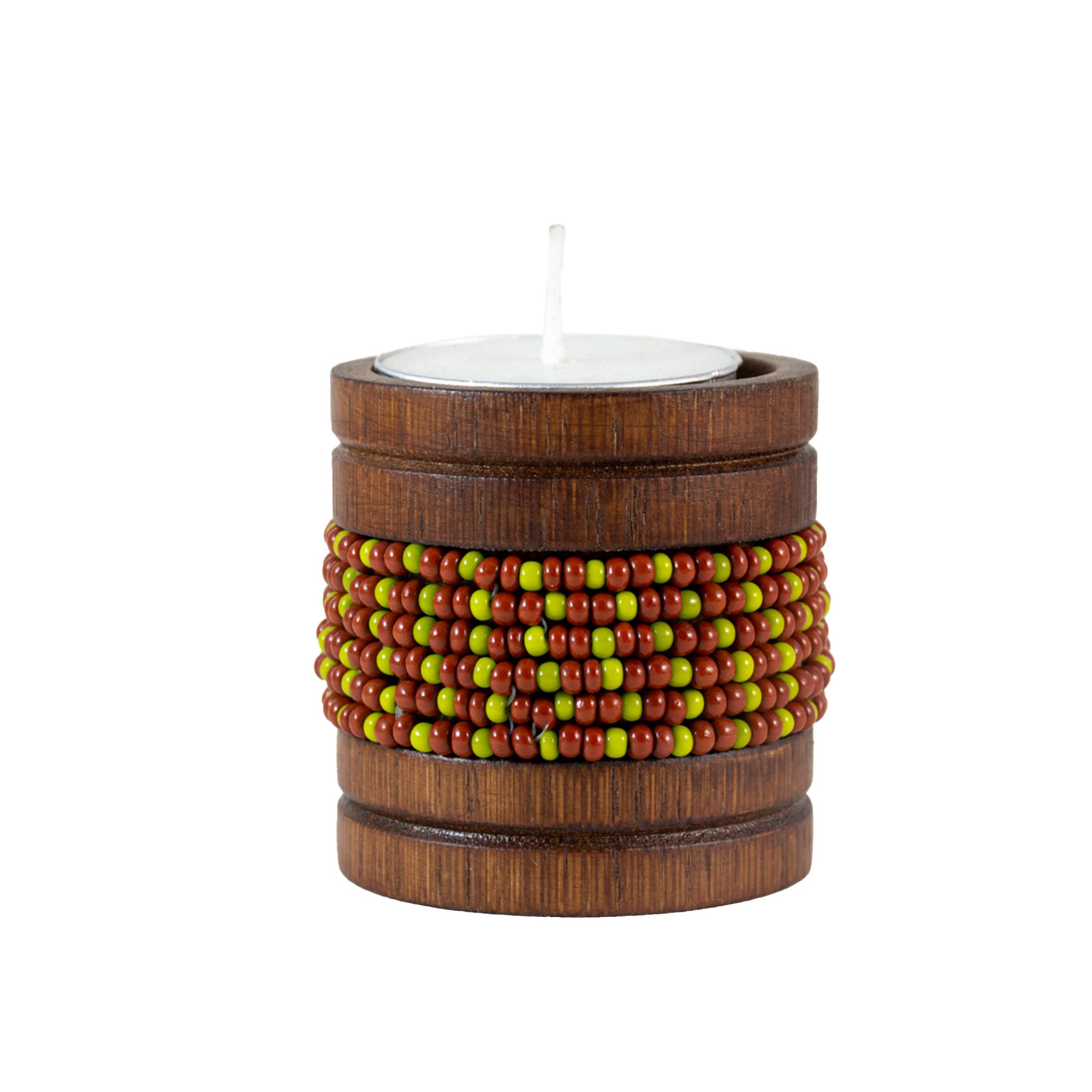Handmade Natural Bamboo Tealight Candle Holder Brown With Bead Work Brown & Green Color