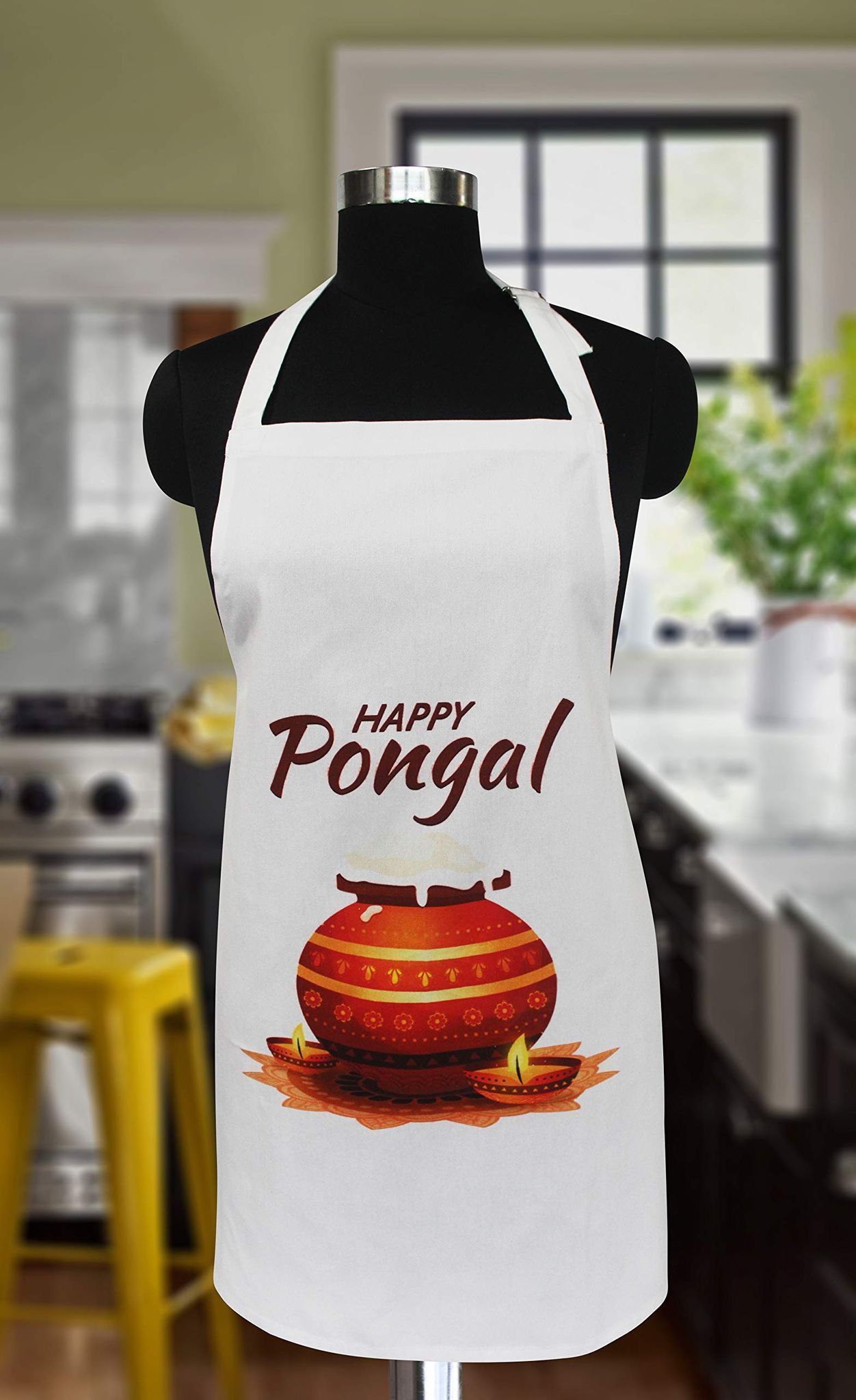 AIRWILL, 100% Cotton Pongal Design Printed Aprons, Sized 65cm in Width & 80cm in Length with 1 Center Pocket, Adjustable Buckle on Top and 2 Long Ties On Both 2 Sides. Pack of 1 piece