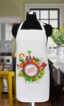 AIRWILL, 100% Cotton Pongal Design Printed Aprons, Sized 65cm in Width & 80cm in Length with 1 Center Pocket, Adjustable Buckle on Top and 2 Long Ties On Both 2 Sides. Pack of 1 piece